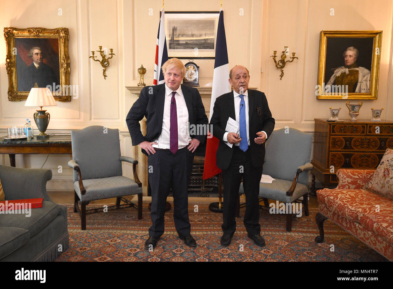 Foreign Secretary Boris Johnson meets French Foreign Minister Jean-Yves Le Drian for talks at Carlton Gardens in London. Stock Photo