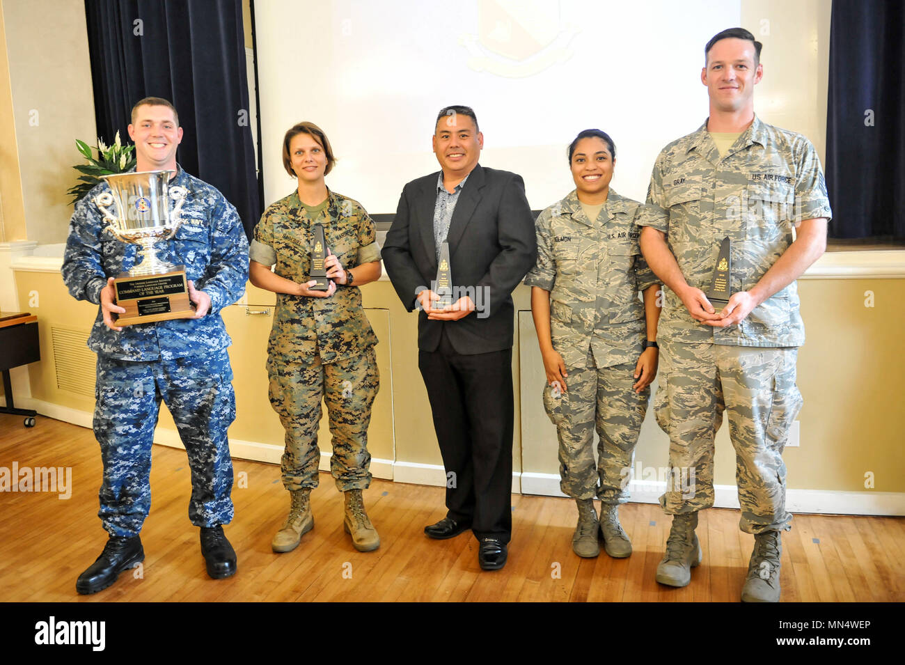 More than 200 members of all four branches of the services and Department of Defense civilians attended a three-day Advanced Command Language Program Manager Workshop held at the Defense Language Institute Foreign Language Center Aug. 29-31.  The large gathering of military and civilian foreign language community managers and leaders served as a perfect venue to give awards for the DOD Command Language Professional of the Year and the Command Language Program of the Year.  The winner of the DOD's best Command Language Program of the Year for 2016 was the Navy Information Operations Command, Ma Stock Photo