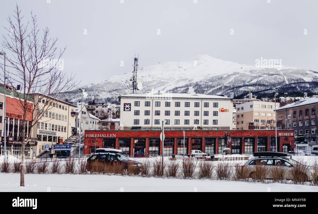 Norway Narvik 21.3.2015. Fish market in the middle of the center of Narvik at Kongens gate 42 on an winter day with snow. At Fiskehallen you can get f Stock Photo