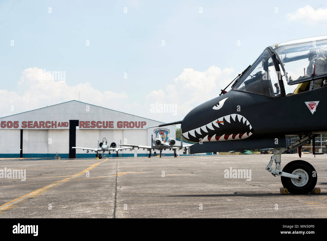 A Philippine Air Force OV-10A/C Bronco from the 16th Attack Squadron, 15th Strike Wing, Maj. Danilo Atienza Air Base, Cavite City, is parked on the flight line at Clark Air Base, Philippines, May 8, 2018. Two OV-10s were at Clark Air Base in support of Exercise Balikatan. Balikatan, in its 34th iteration, is an annual U.S.-Philippine military training exercise focused on a variety of missions, including humanitarian assistance and disaster relief, counterterrorism and other combined military operations held from May 7 to 18. (U.S. Air Force photo by Senior Airman Javier Alvarez) Stock Photo