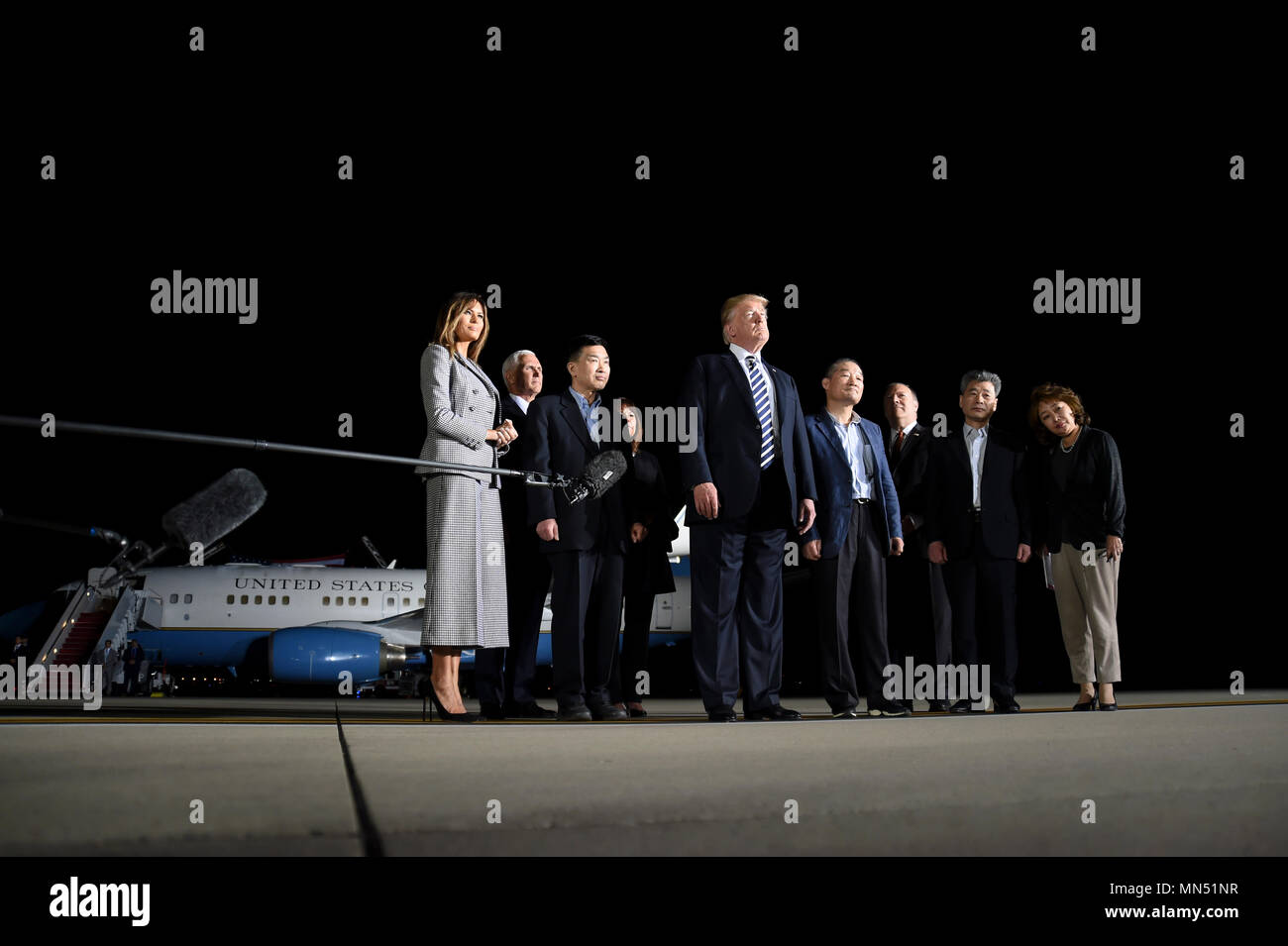 President of the United States Donald J. Trump speaks to the press at Joint Base Andrews, Md., May 10, 2018 upon the return of three Americans who were freed from North Korean prison on May 9, 2018. Kim Dong-chul, Tony Kim and Kim Hak-song arrived at JBA on board an 89th Airlift Wing C-40 high-priority personnel transport aircraft at 3 a.m. EST. President Trump, First Lady Melania Trump and senior military officials greeted the men as they arrived home. (U.S. Air Force photo/Staff Sgt. Kenny Holston) Stock Photo