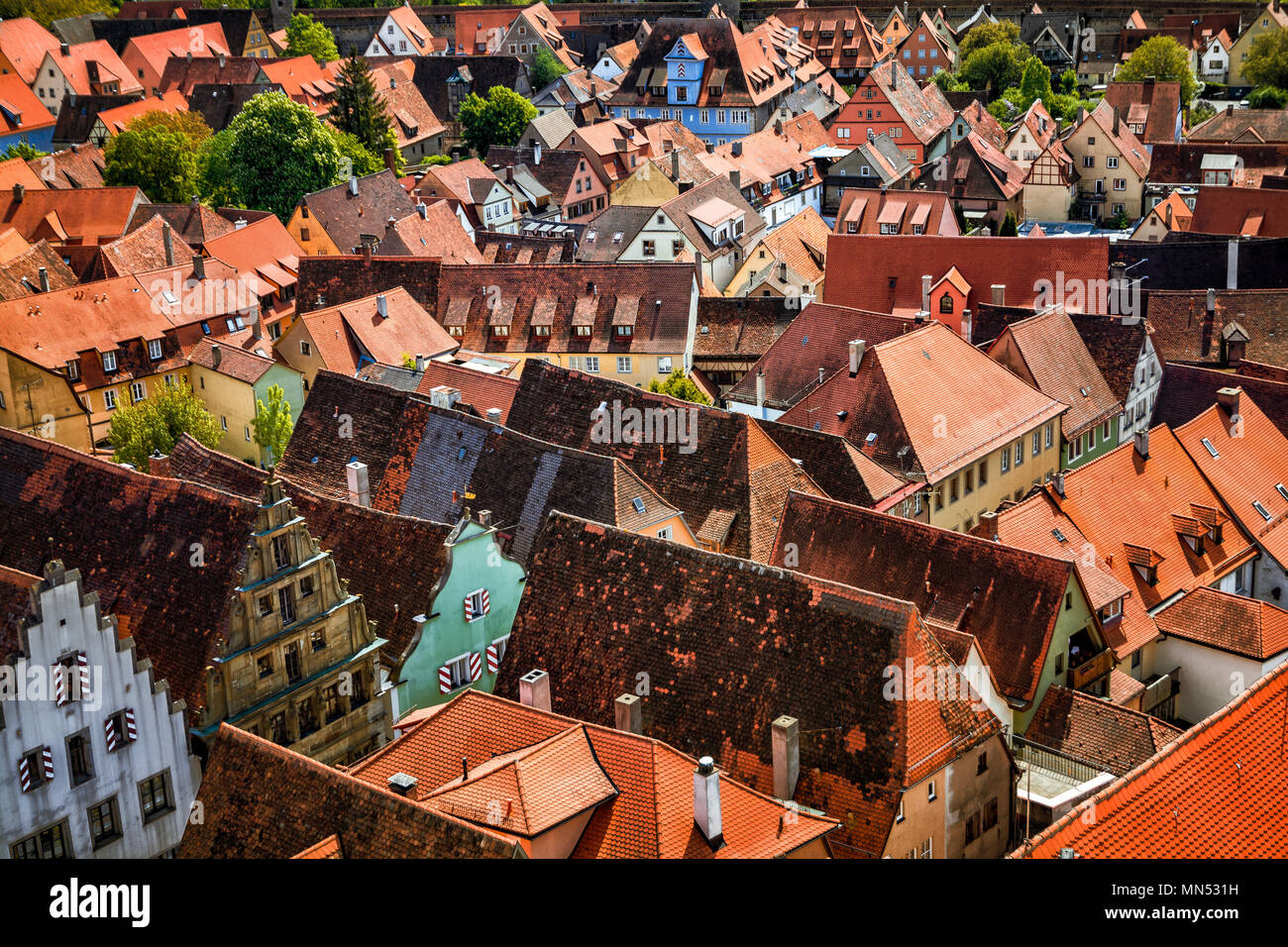 Scenic summer aerial panorama of the Old Town town in Rothenburg ob der Tauber, Bavaria, Germany Stock Photo