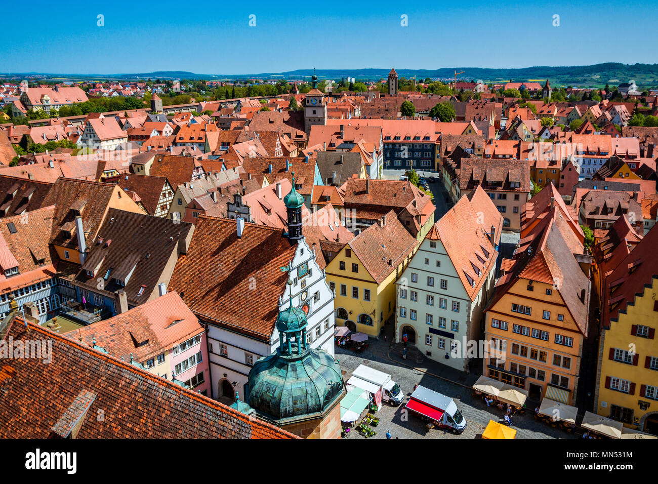 Scenic summer aerial panorama of the Old Town town in Rothenburg ob der Tauber, Bavaria, Germany Stock Photo