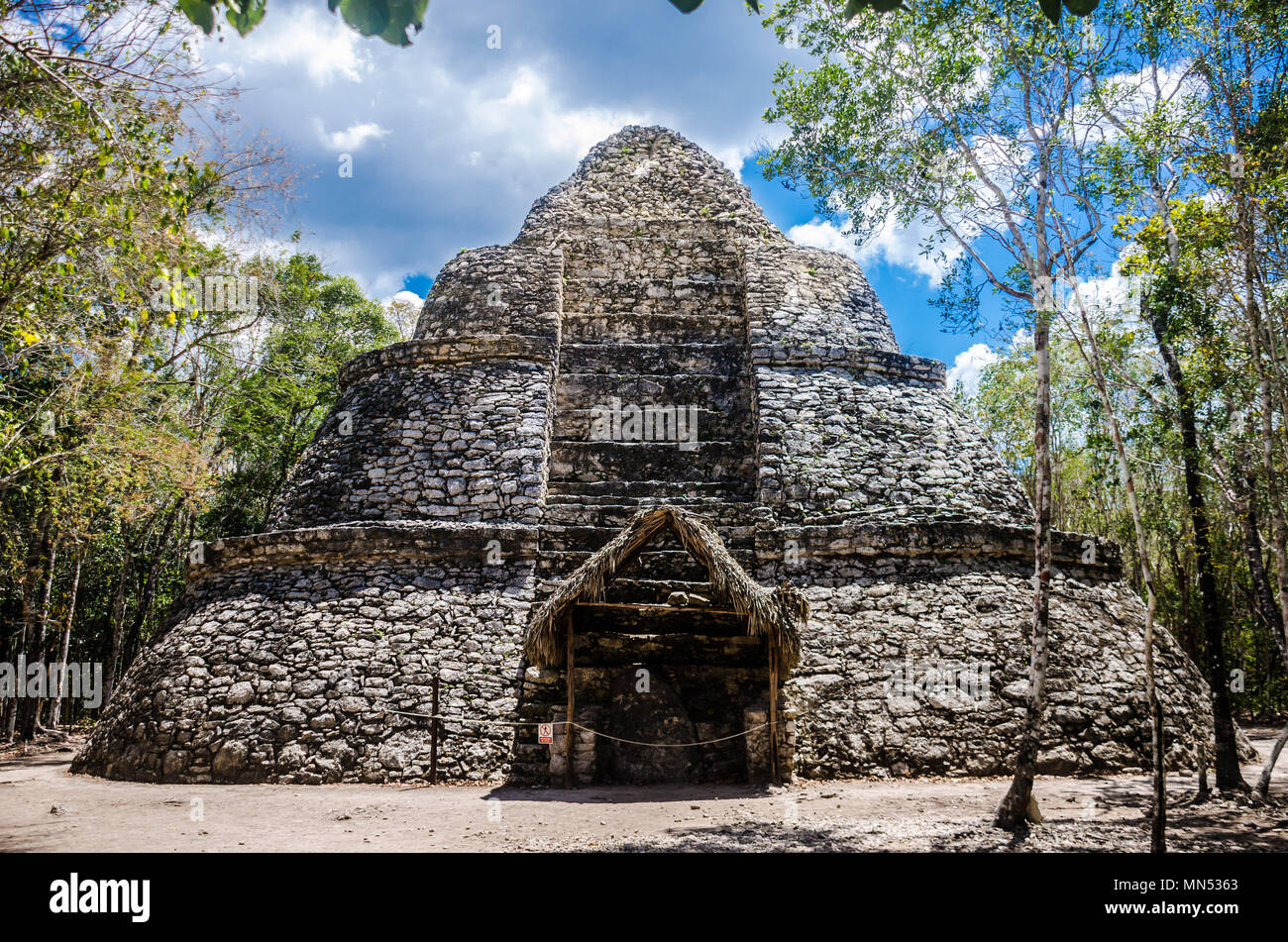 Ancient ruins and trees at the archaeological site of Coba Stock Photo