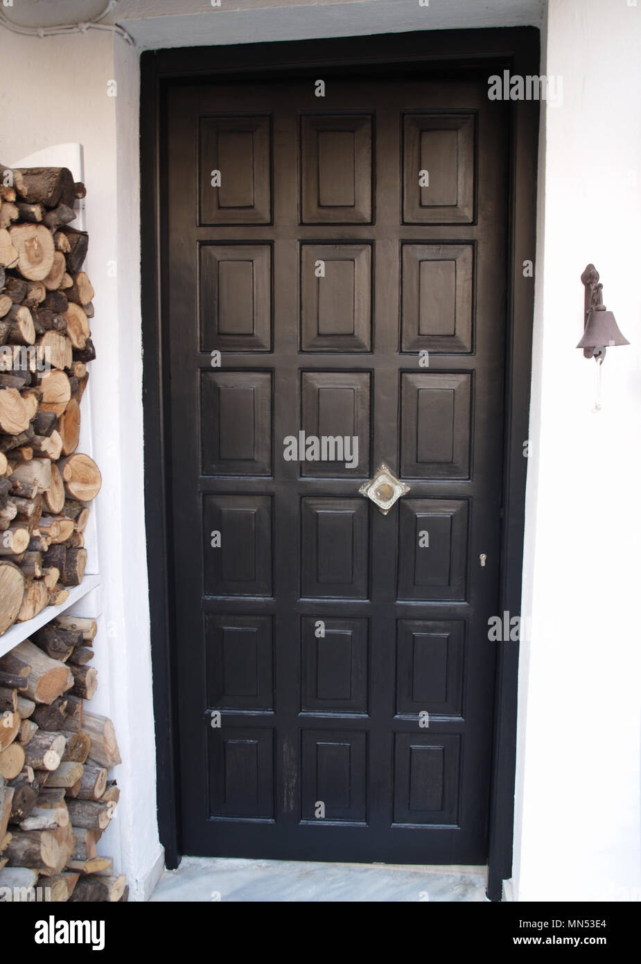 Black Painted Wooden Panelled Front Door Stock Photo 185123964
