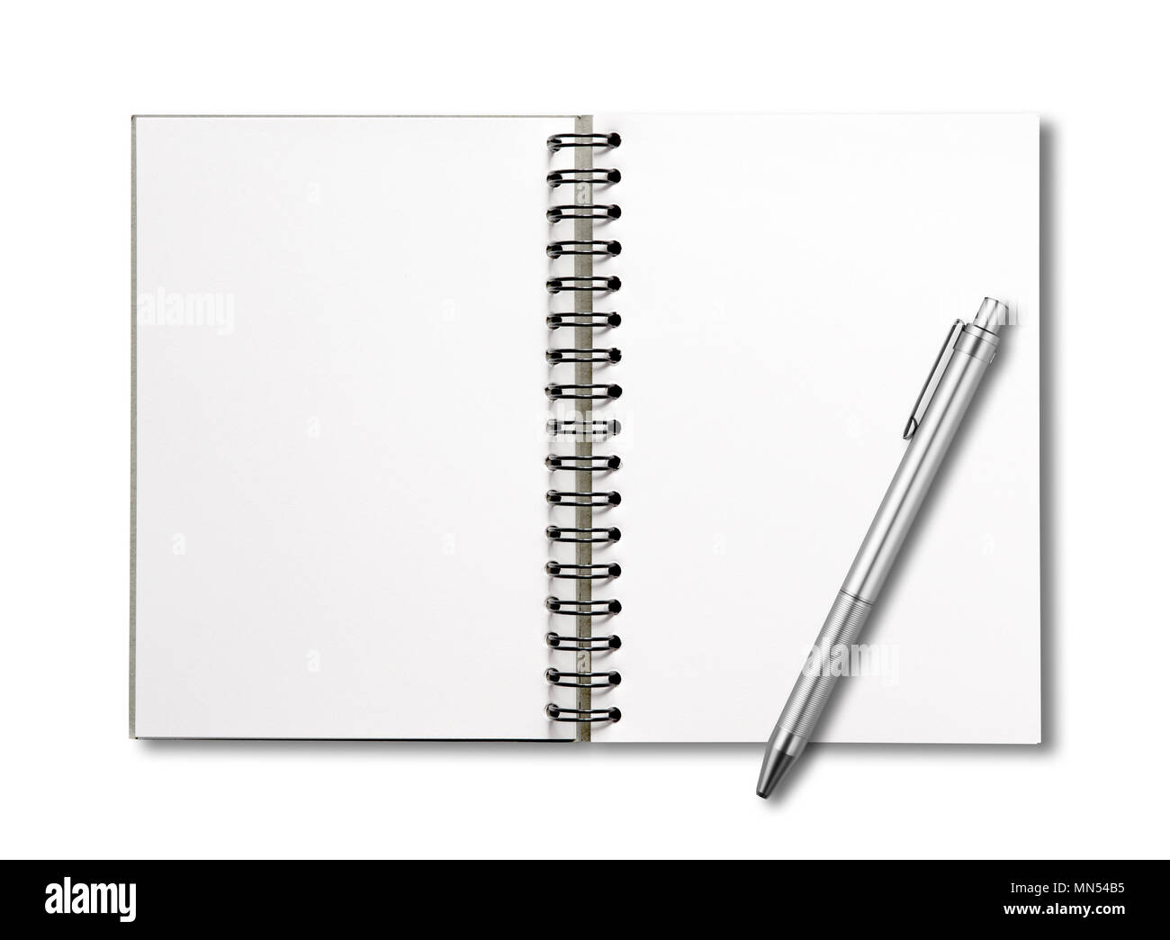 Blank open spiral notebook and pen mockup isolated on white Stock Photo