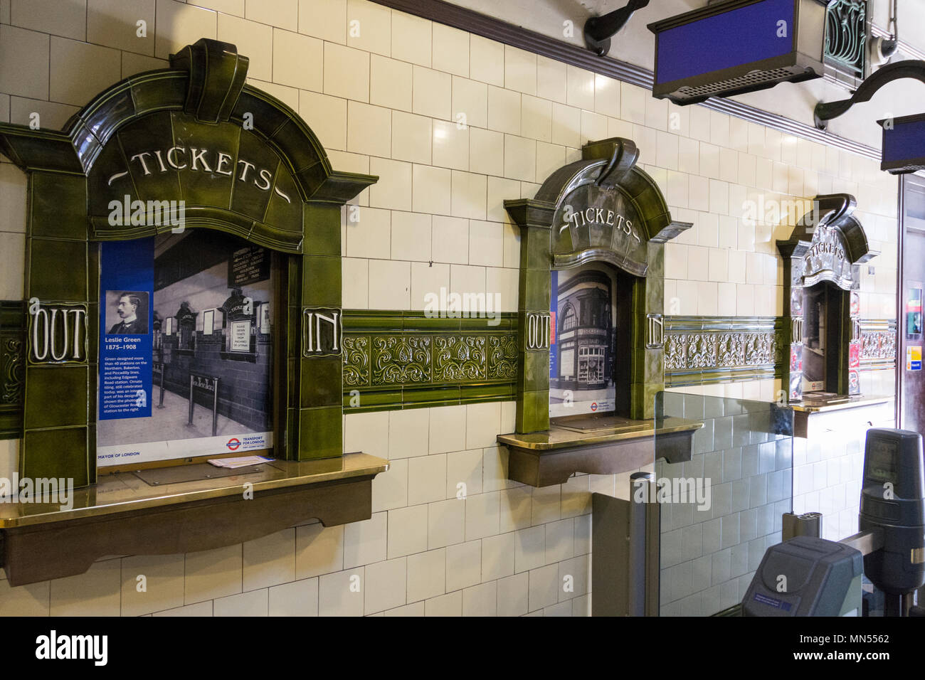 Original Leslie Green ticket booths inside Edgware Road station, Chapel Street, Marylebone, London NW1, UK Stock Photo
