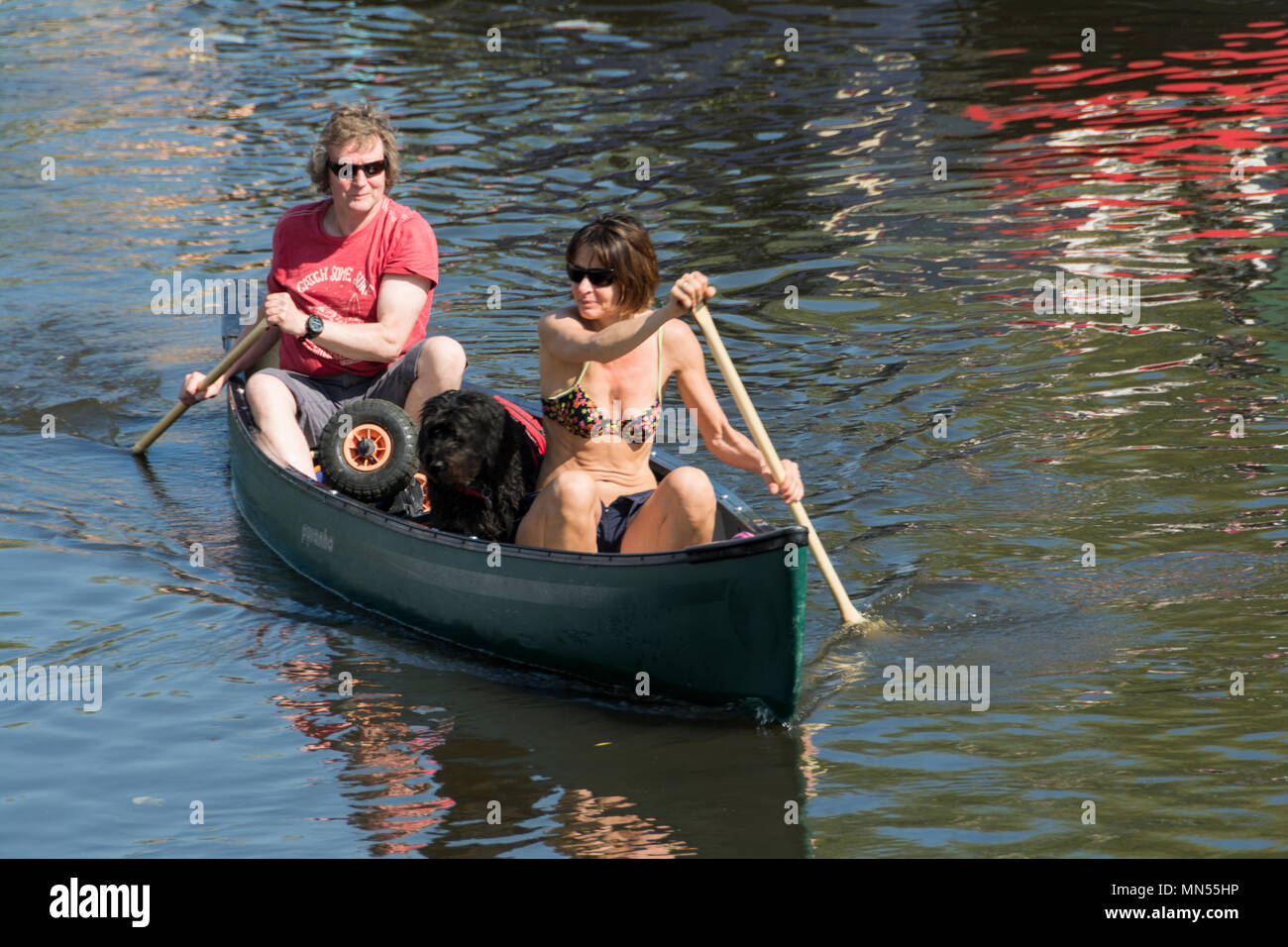 A young couple and their dog on the Regent's Canal in a canoe during the Canalway Cavalcade Waterways Festival in London's Little Venice. Stock Photo