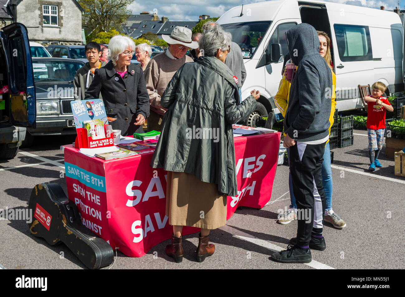 Save the 8th/Vote No table for the upcoming abortion referendum at Skibbereen Farmers Market, County Cork, Ireland. Stock Photo