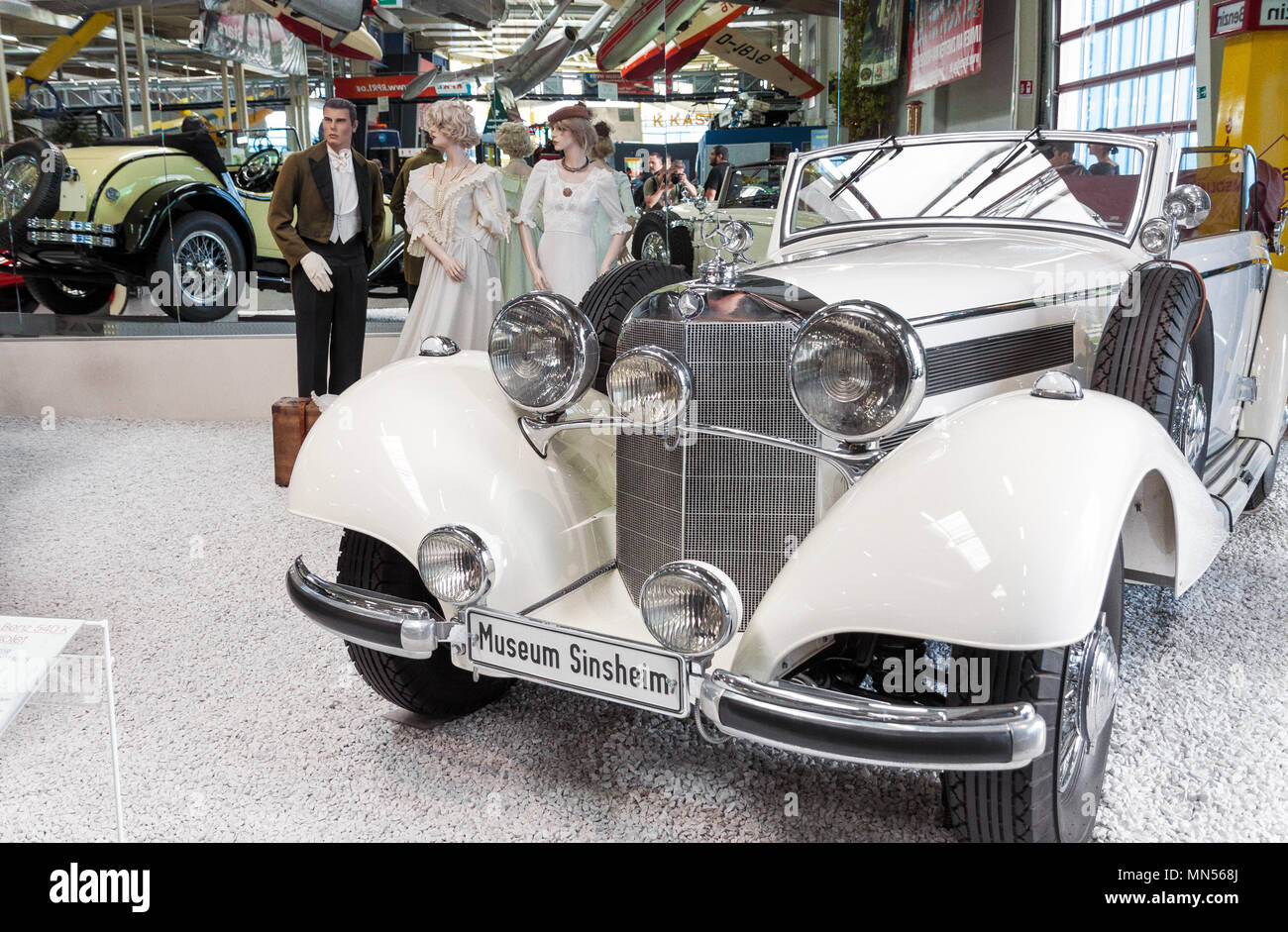 Classical vintage white Mercedes Benz car on display in Sinsheim auto and technik museum in Germany Stock Photo