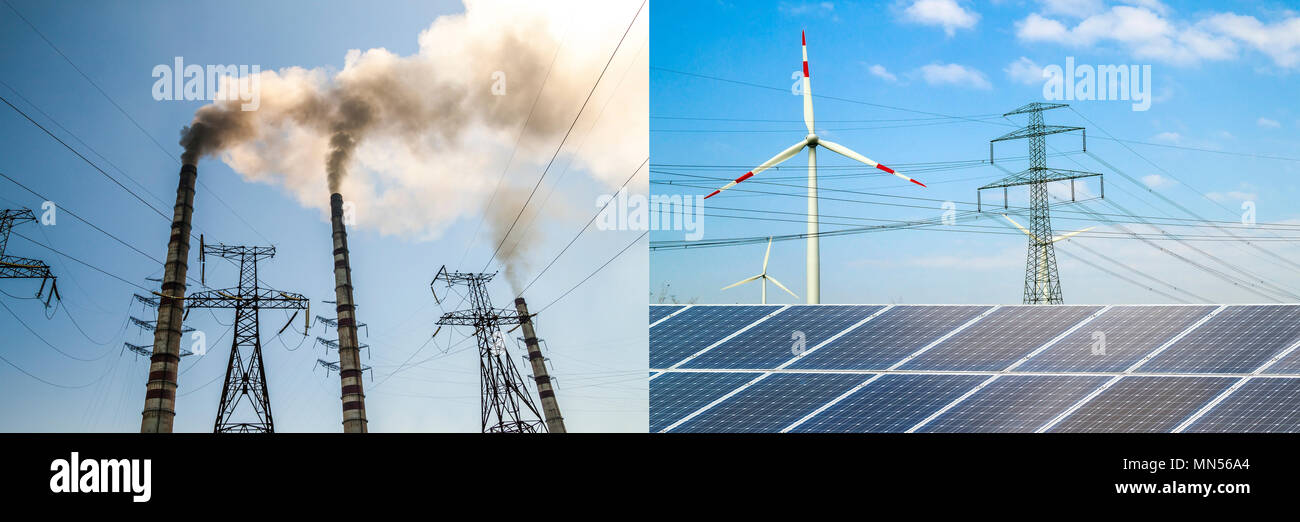 Clean vs dirty energy. Solar panels and wind turbines against fuel coal