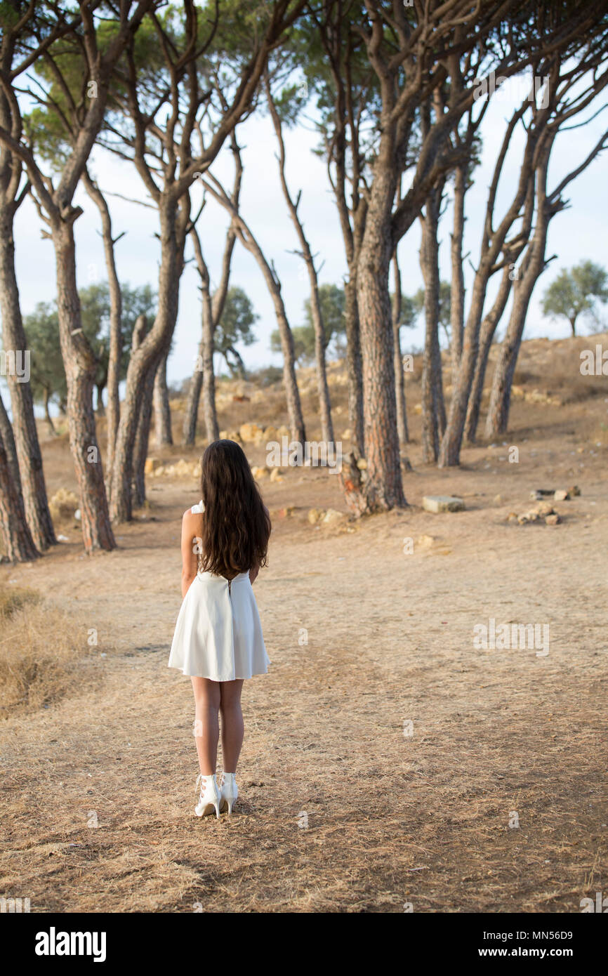 Rear view of a woman wearing white dress standing in the mountain Stock ...