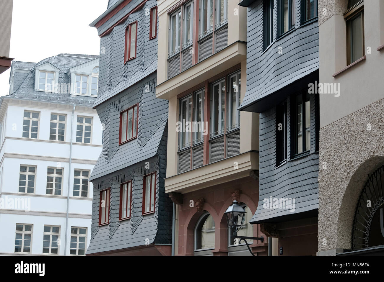Housefronts in Frankfurt am Main, Germany. The historical square is part of the former city centre (Altstadt), reconstructed in the so-called Dom-RÃ¶m Stock Photo