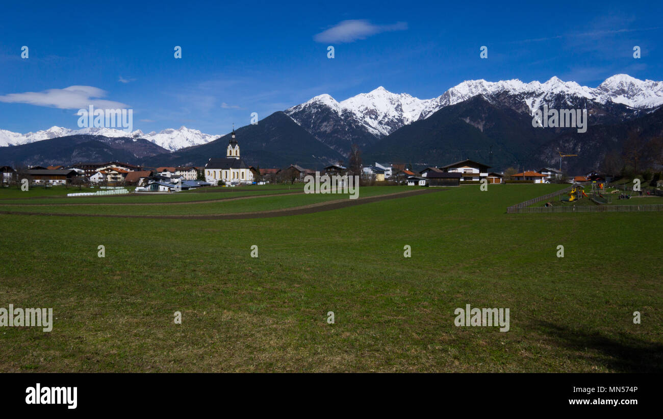 Landscape in the Alps in Oberperfuss, which is a small village close to the city of Innsbruck. Stock Photo