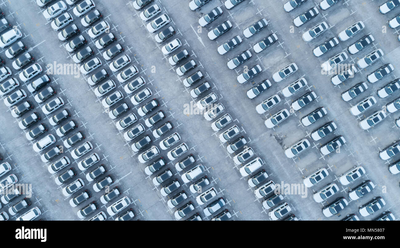 Aerial view of huge storage parking with new cars Stock Photo