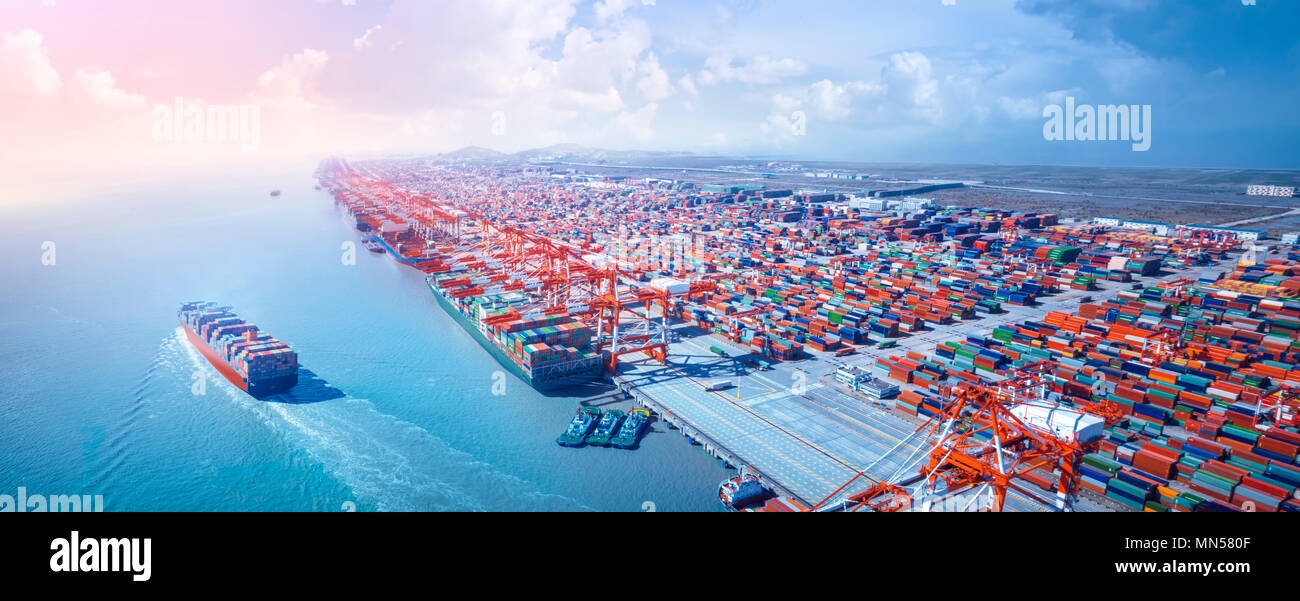 Container ship leaving the port,aerial view. Stock Photo