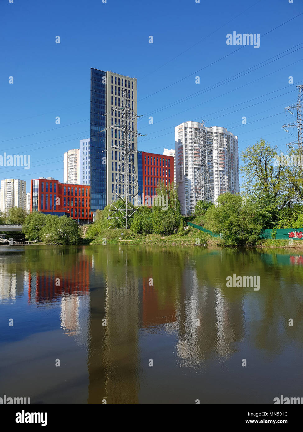 Khimki, Russia - May 10. 2018. view of business center Aero City from waterfront Stock Photo