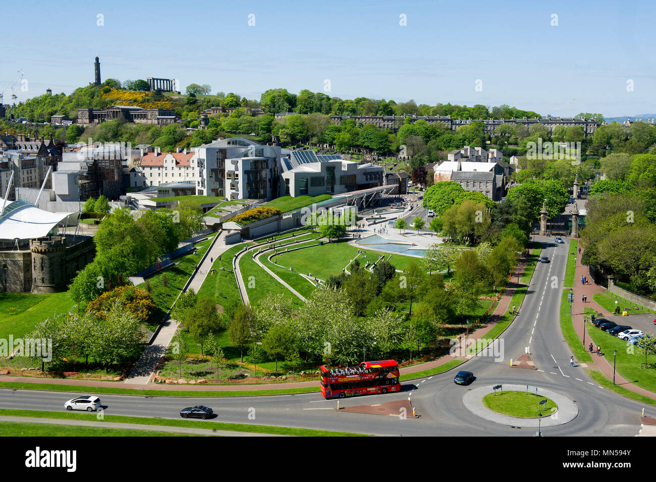 A view of the Scottish Parliament at Holyrood and Calton Hill behind, Edinburgh, Scotland. Stock Photo