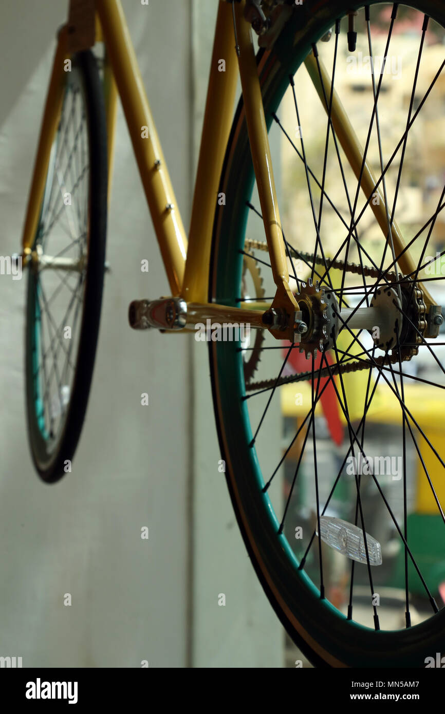 Closeup Bicycle gear, disk brake, metal chain rings of vintage mountain bicycle hanging. Stock Photo
