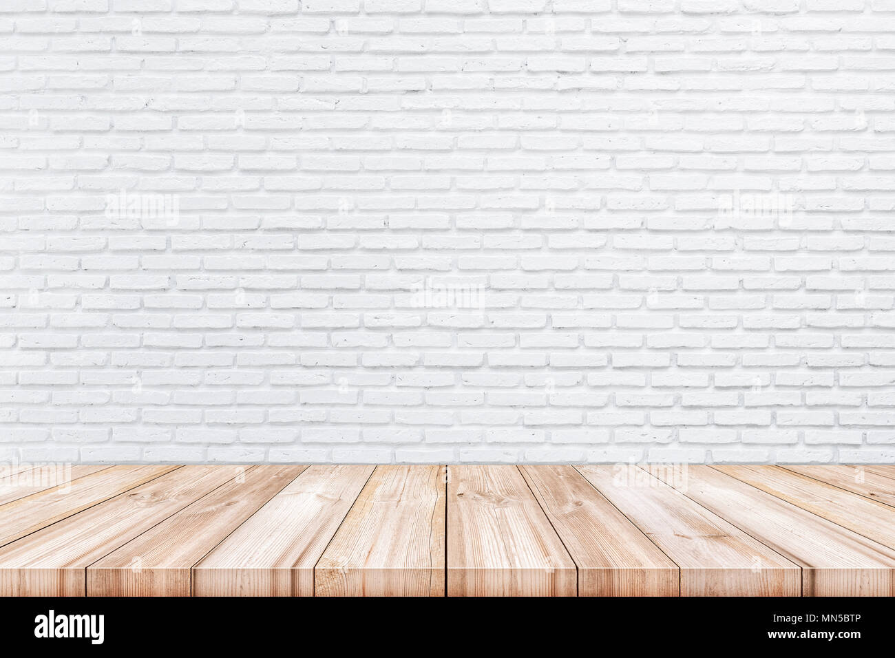 Empty Wooden Table Top With White Brick Wall Background Can Be Used Product Display Stock Photo Alamy