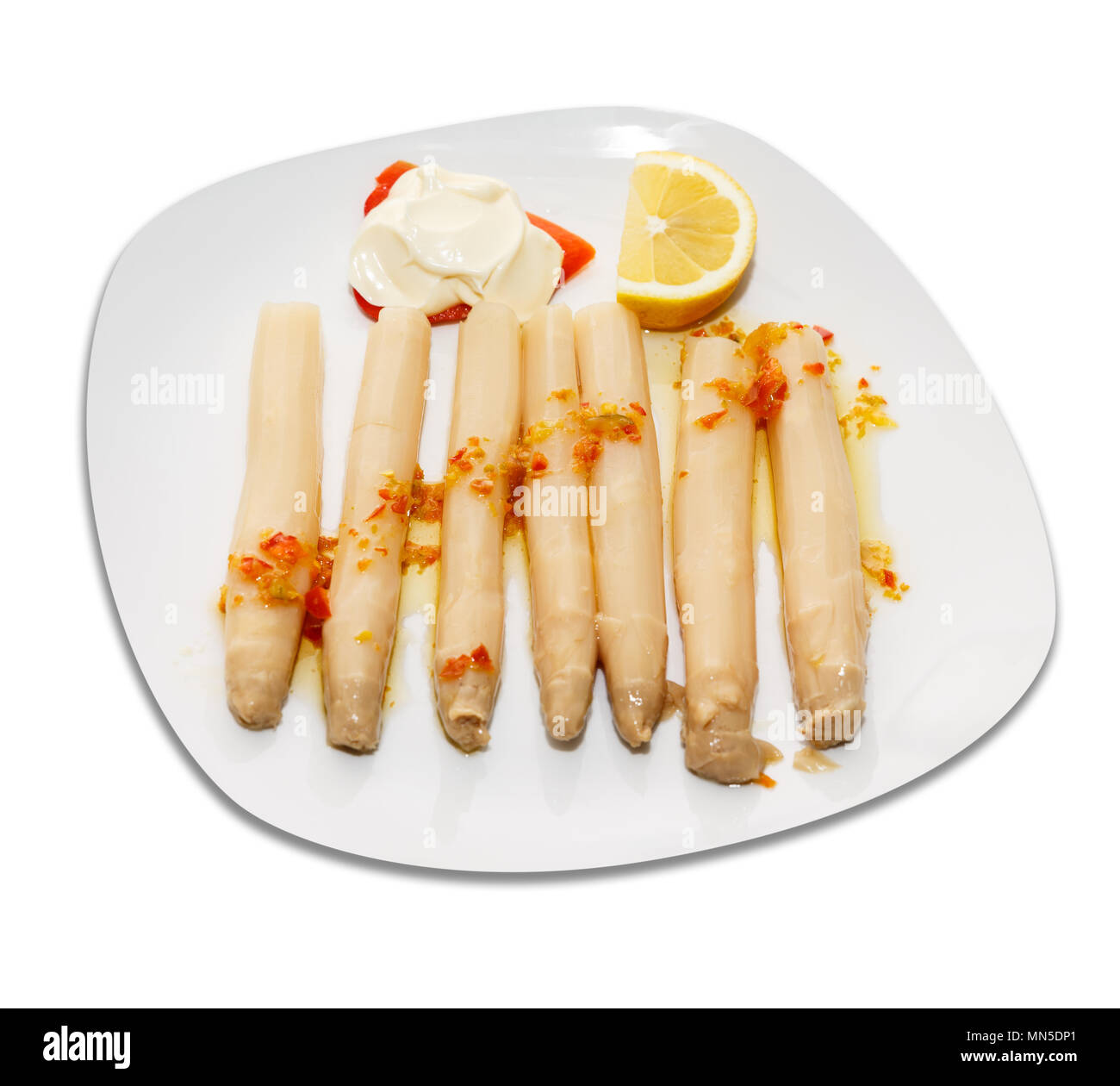 White asparagus, mayonnaise sauce, lemon Stock Photo Alamy