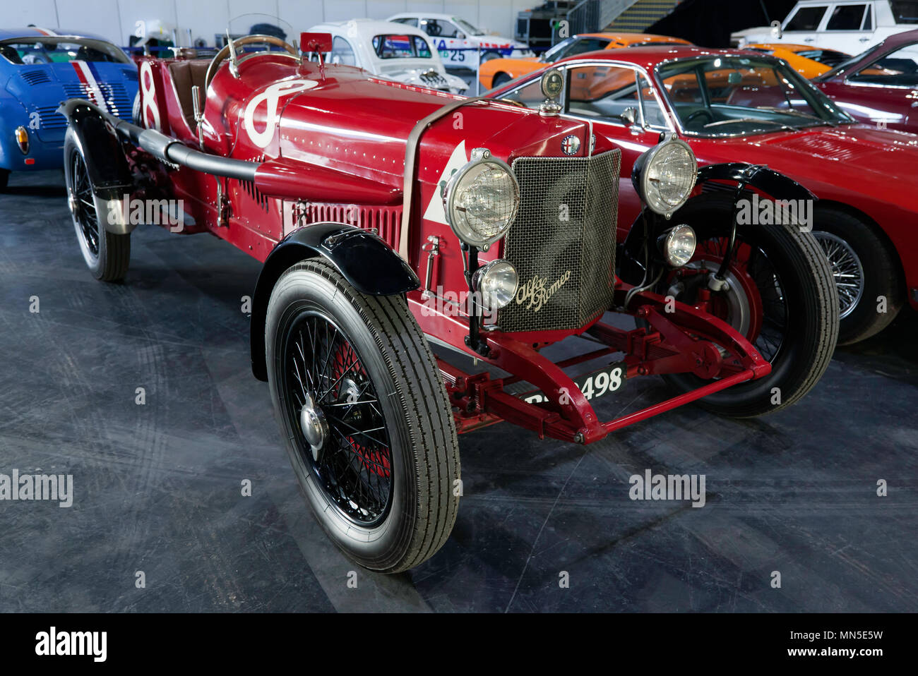 Three-quarter front view of a 1923, Alfa Romeo RL Targa Florio,in the Paddock area of the 2018 London Classic Car Show Stock Photo