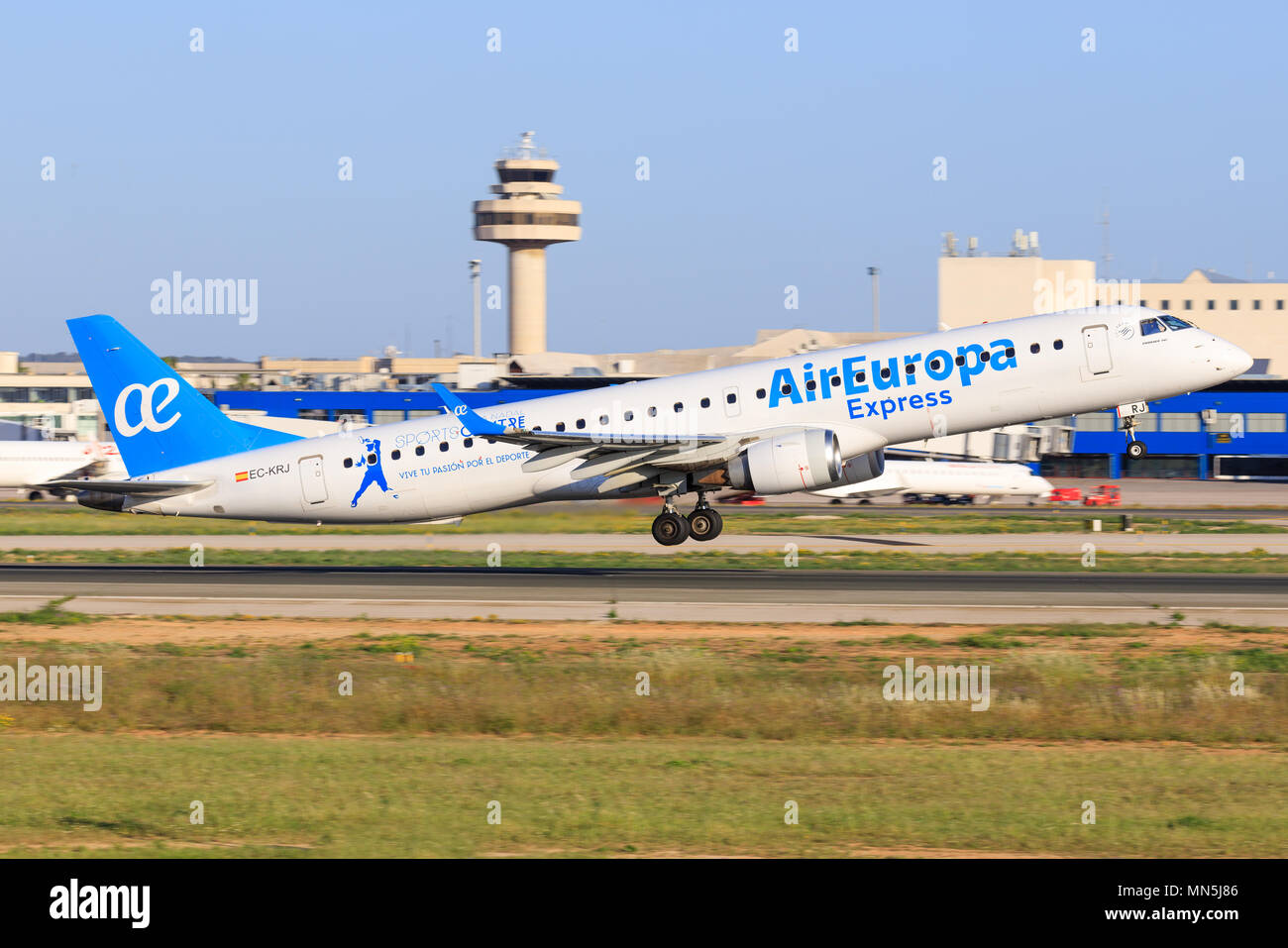 Mallorca, Spain Mai 18 2018: BEmbraer from air europa landing on the beautiful island in Spain Stock Photo