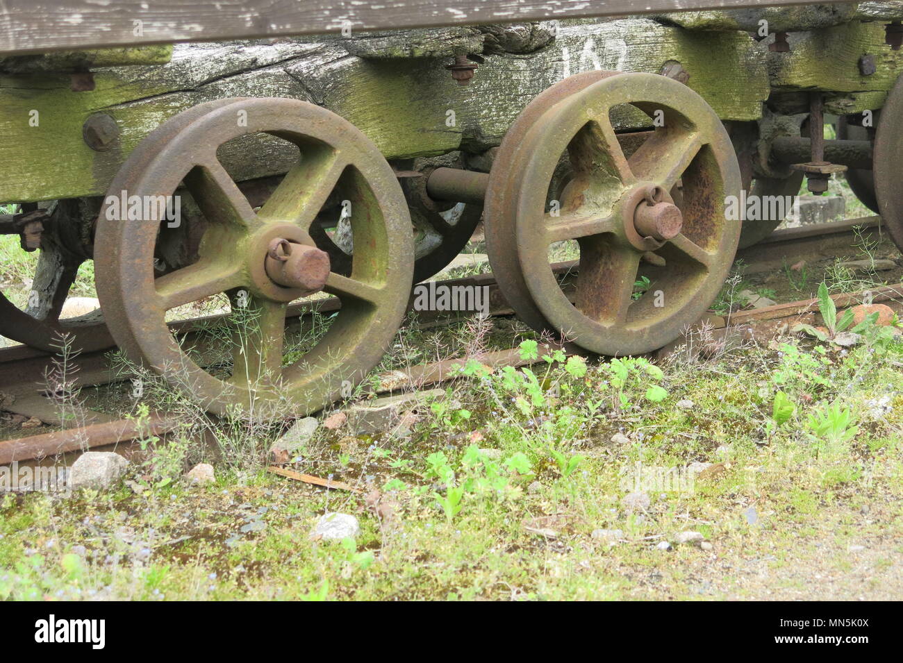 Closeup of historic, doublesided flanges to keep the heavilyladen train wheels on the tracks