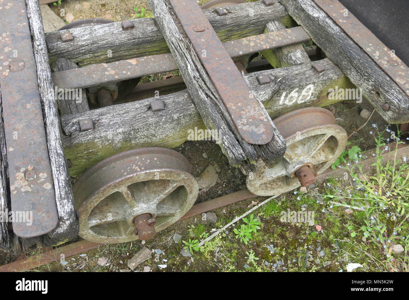 Closeup of historic, doublesided flanges to keep the heavilyladen train wheels on the tracks