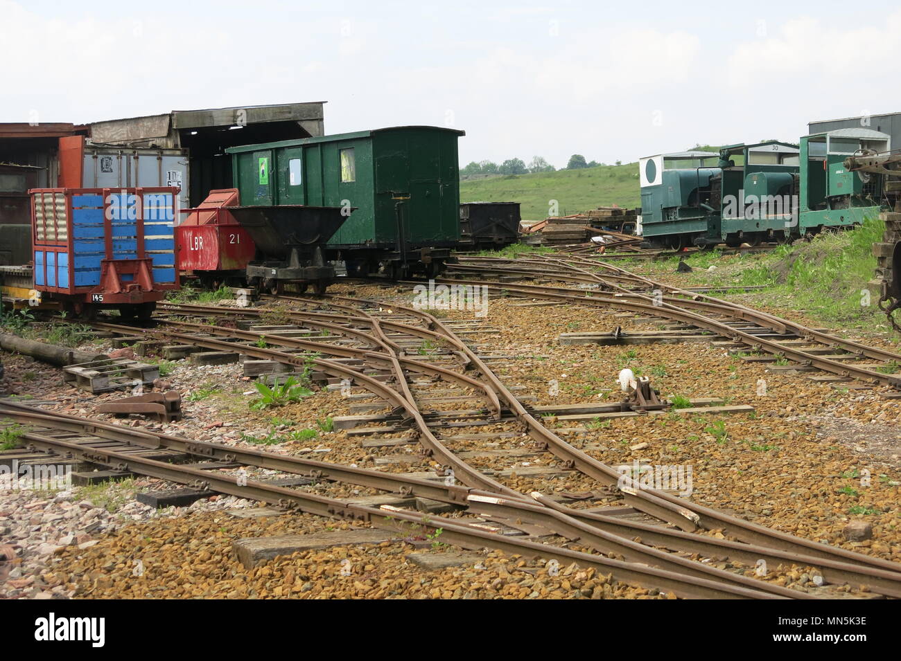 Leighton Buzzard Railway's Stonehenge Trail, with the working museum of wagons and diggers to illustrate the industrial heritage of quarried sand. Stock Photo