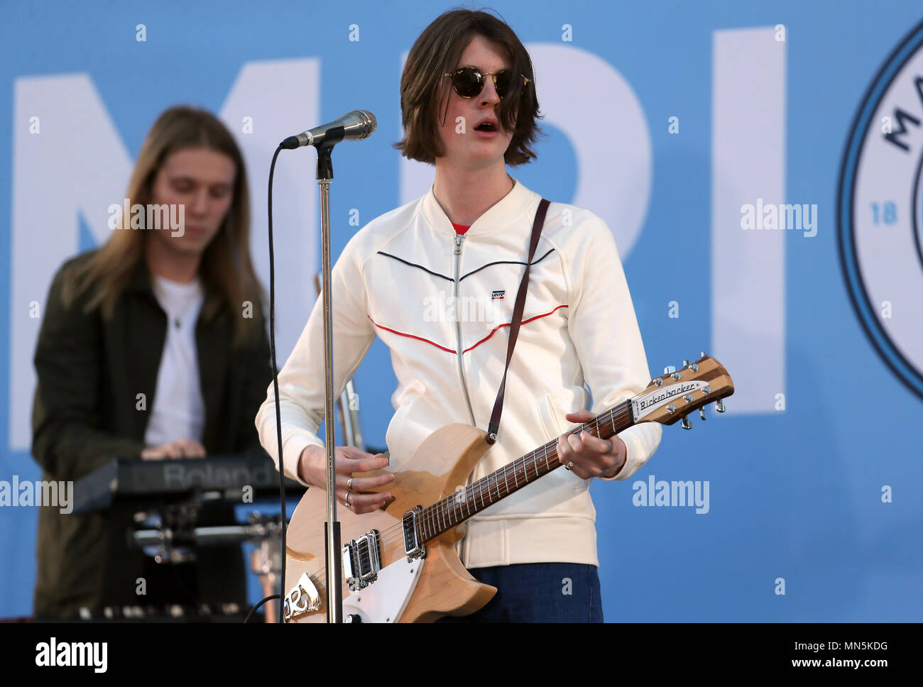 Tom Ogden of 'Blossoms' performing during the Premier League champions trophy parade, Manchester. Stock Photo