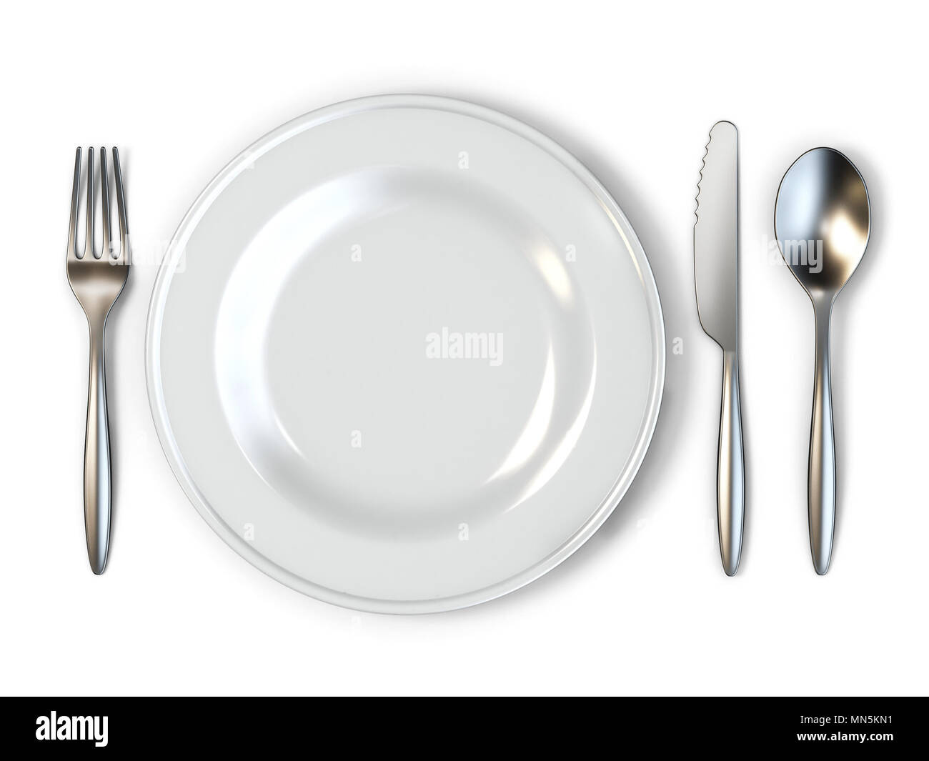 Plate, fork, knife and spoon 3D rendering illustration isolated on ...