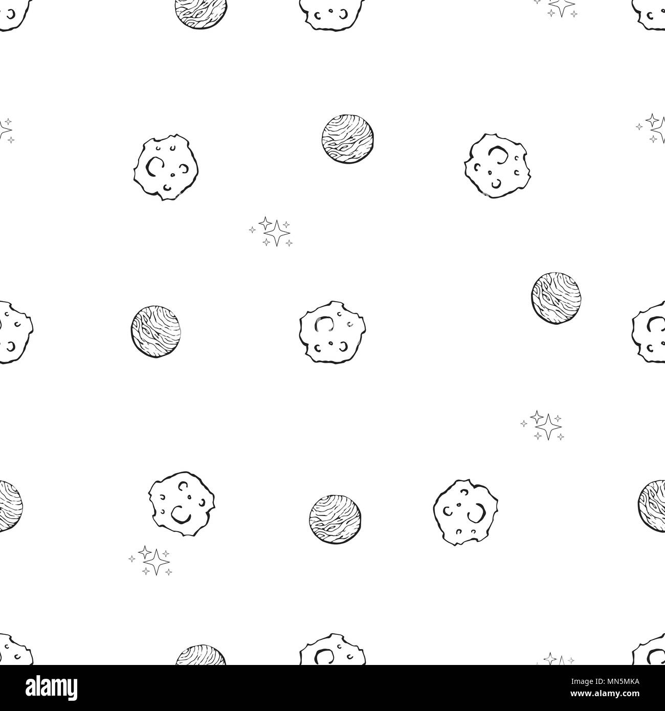 Seamless vector pattern. Creative hand drawn texture with planets and stars. Stock Vector