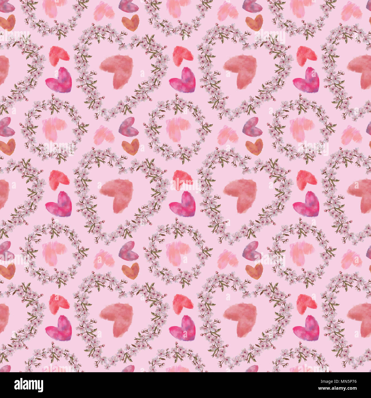 Hearts and Floral Wreaths Seamless Pattern on Pink Background. Pink ...