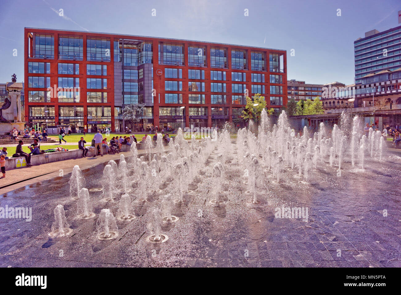 Piccadilly Gardens and fountains in Manchester city centre, Greater Manchester, England, UK. Stock Photo