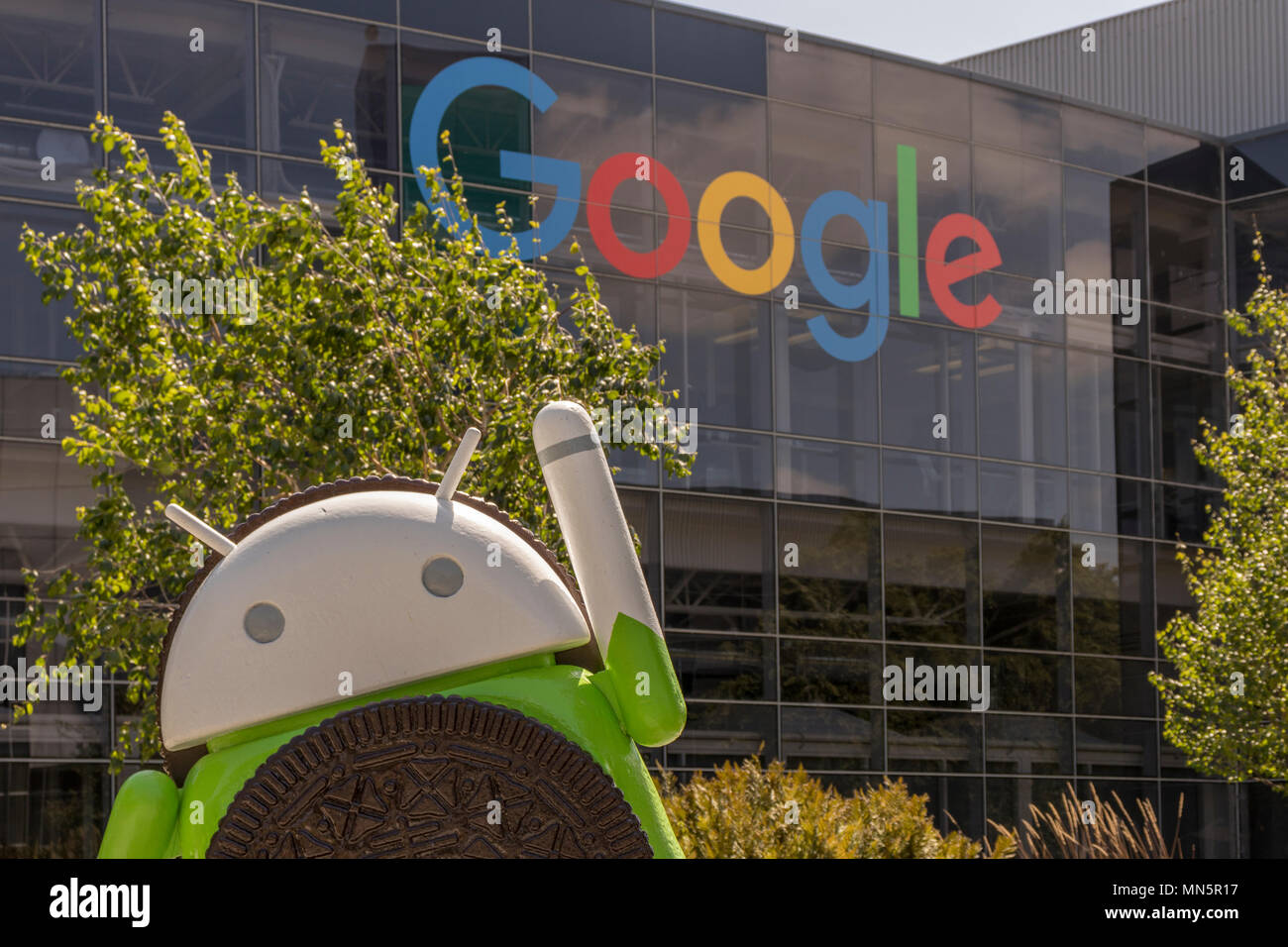 Mountain View, California, USA - April 30, 2018: Google's Silicon Valley corporate headquarters, Mountain View, Northern California, USA. Stock Photo
