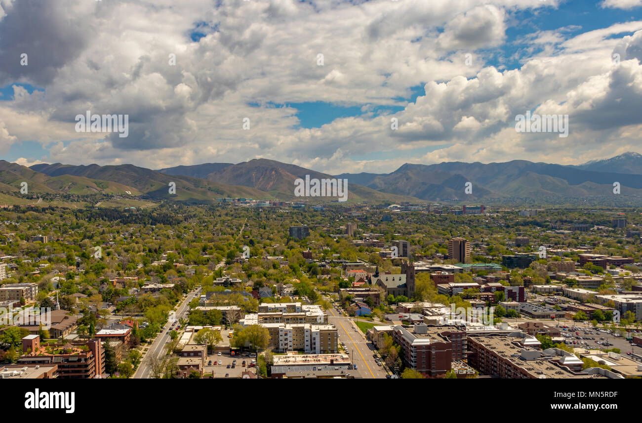 View of the University of Utah, hospitals, and Catholic Cathedral of the Madeleine from downtown in springtime, Salt Lake City, Utah, USA. Stock Photo