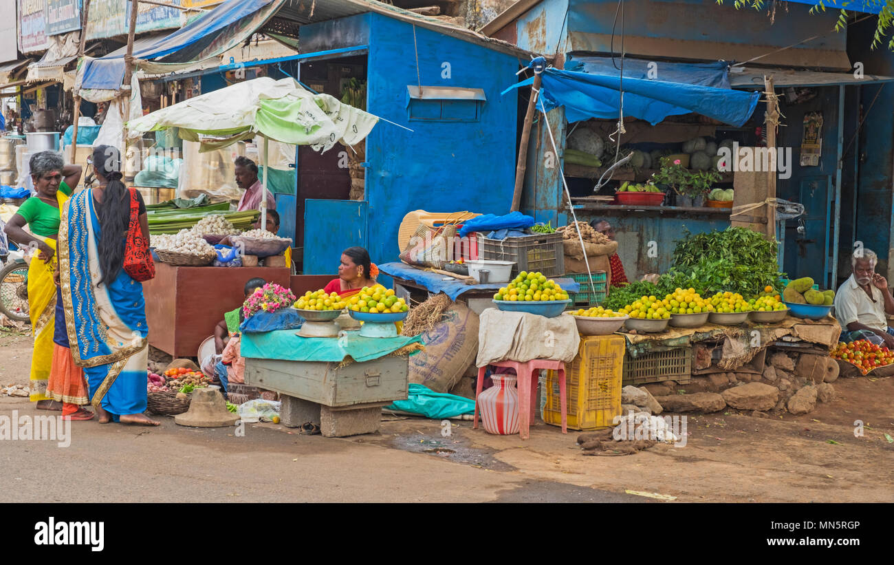 Karaikudi, India March 12, 2018 Fruit and vegetables being sold at