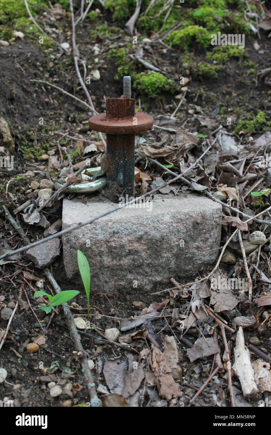 Permanently constructed rusted steel bolt and washer found at the graffiti bridge in Chicago, Illinois. Stock Photo