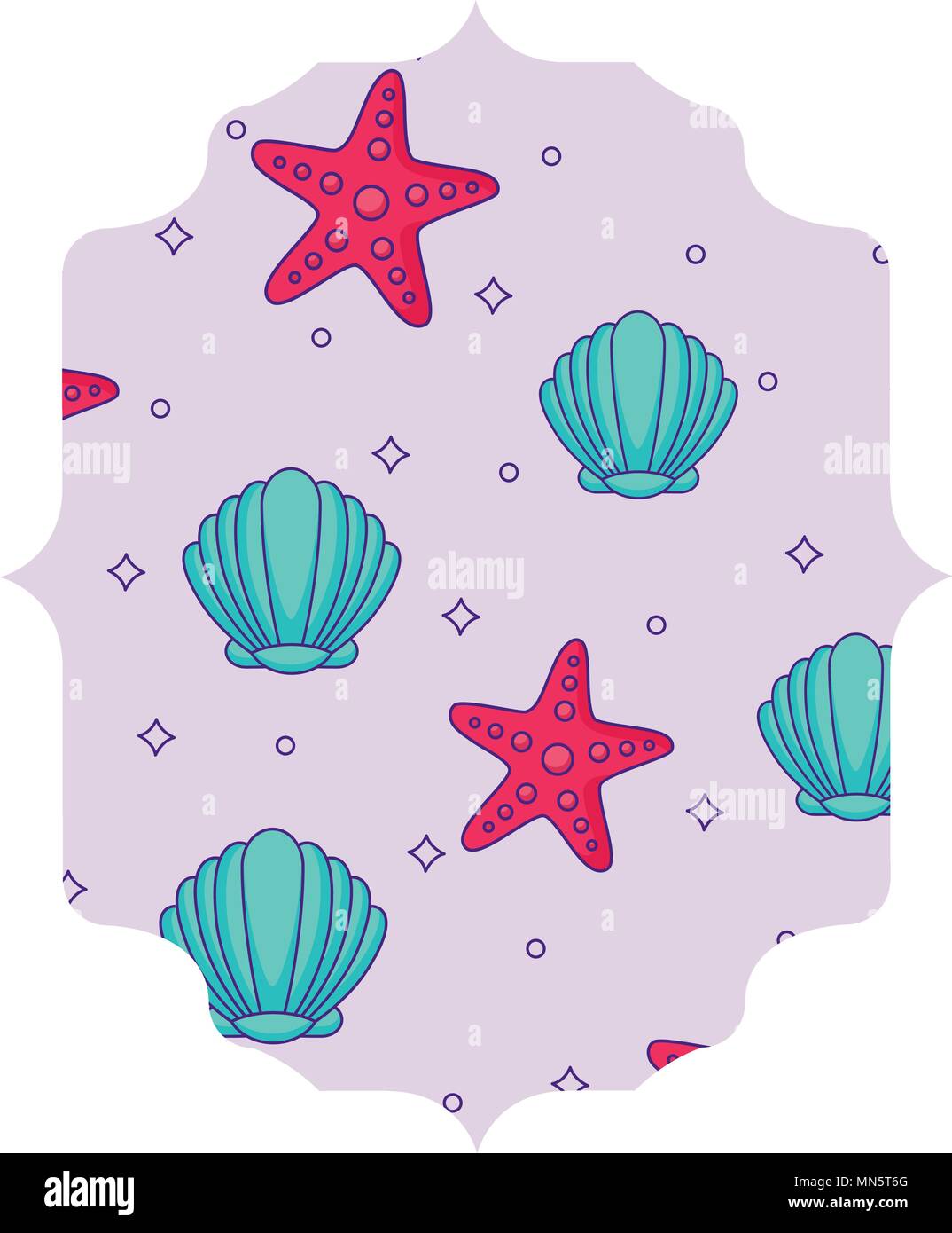 arabic frame with seashells and sea stars pattern over white background, vector illustration Stock Vector