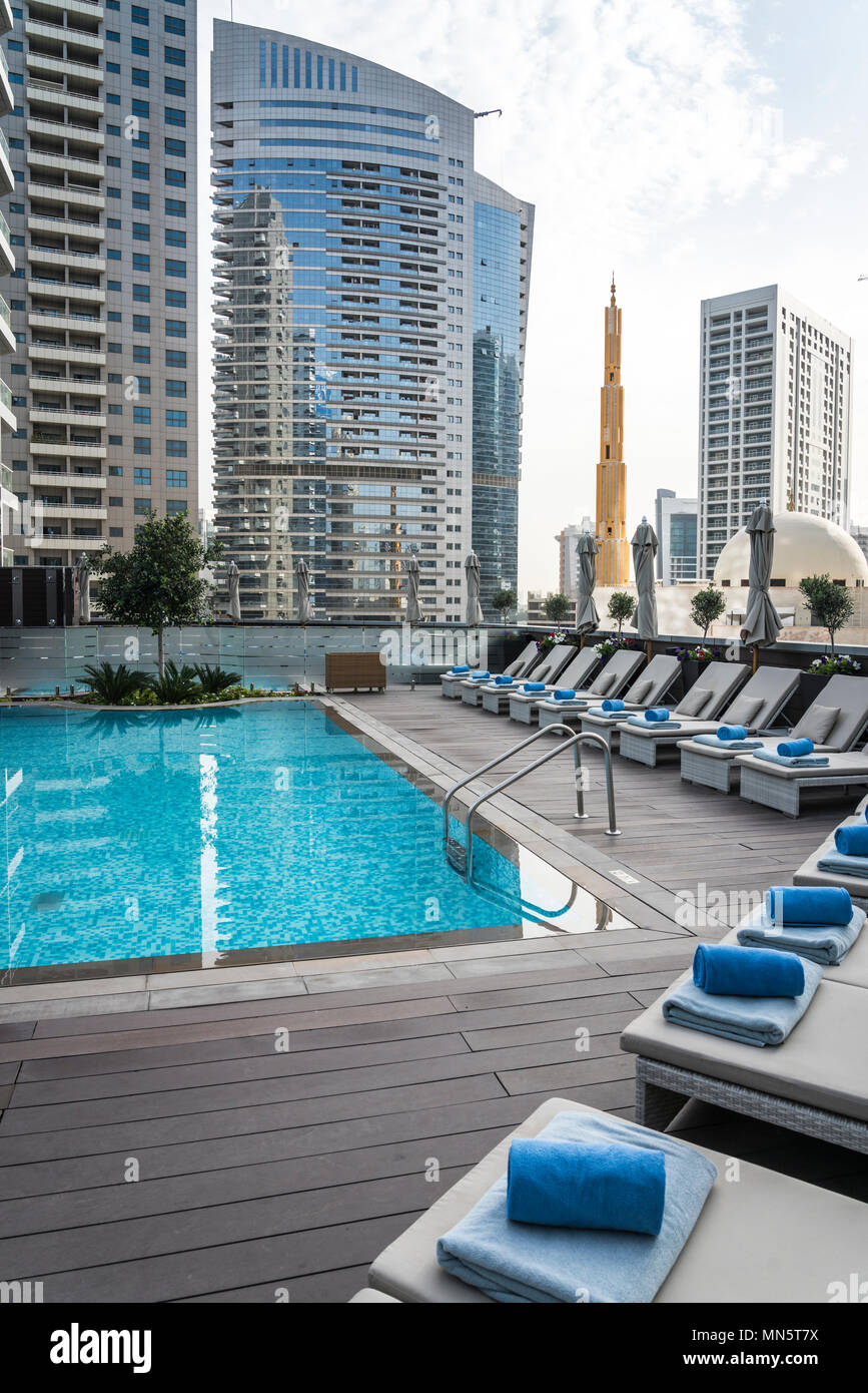 The pool area of the TRYP by Wyndam Hotel in Barsha Heights, Dubai, UAE, Middle East. Stock Photo