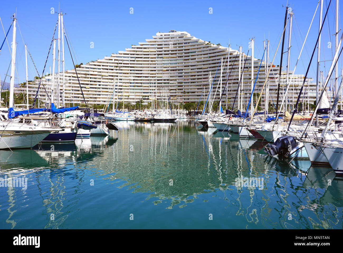View of the Marina Baie des Anges building complex built by architect Andre Minangoy on the French Riviera. Stock Photo