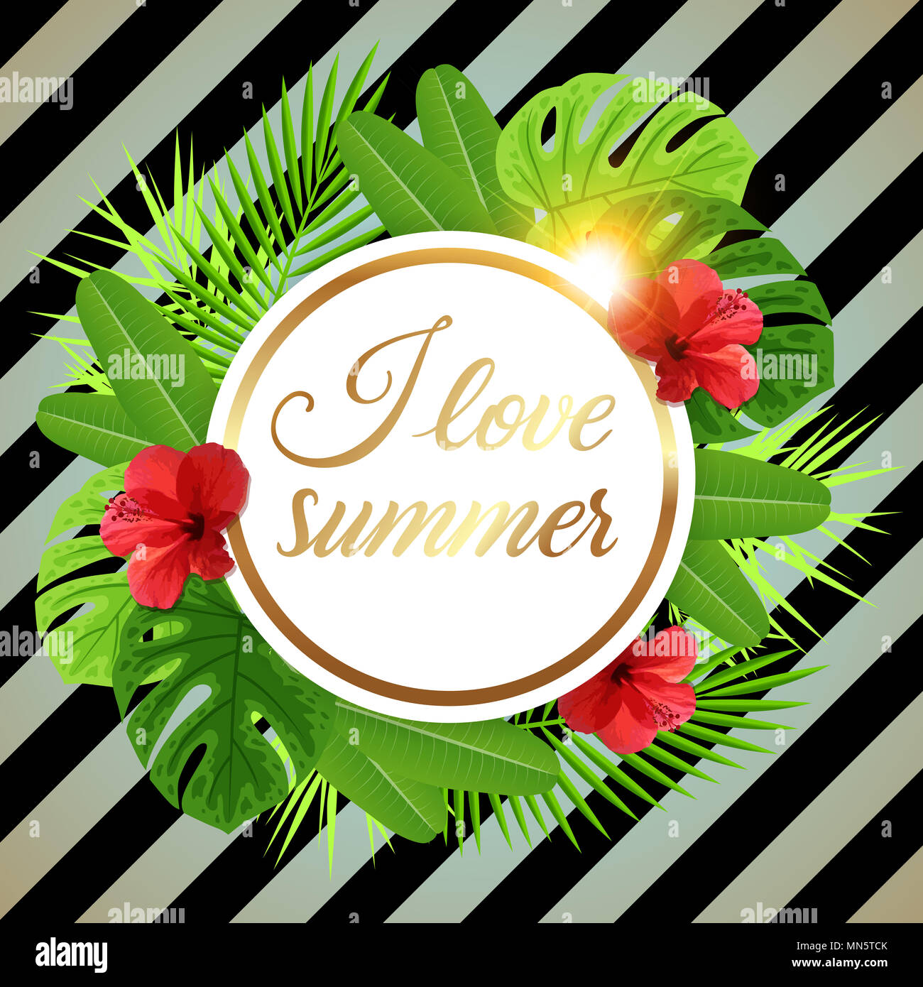 Summer tropical banner with green palm leaves and red hibiscus flowers ...