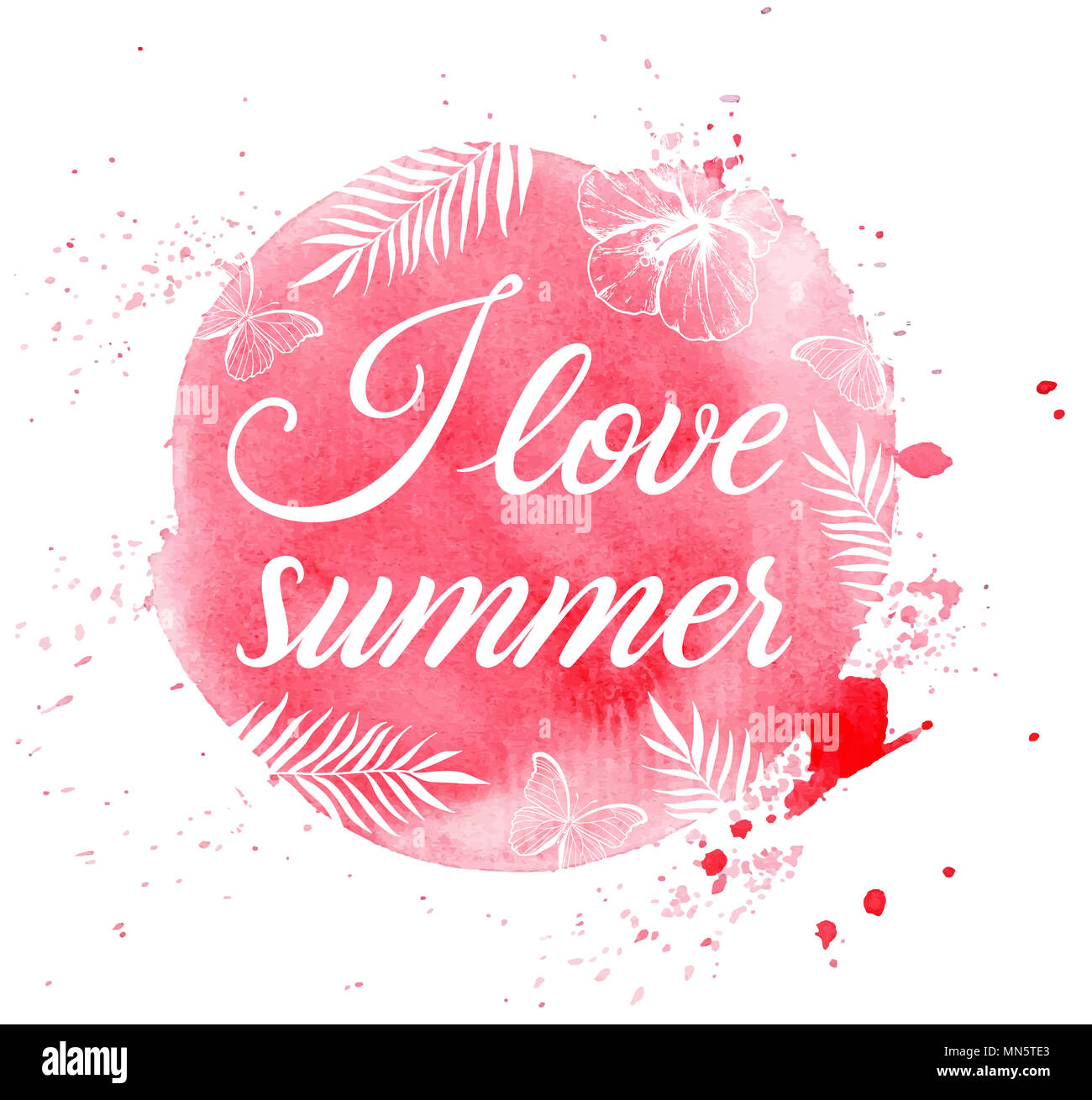 Summer tropical background with palm leaves, hibiscus flowers and pink ...
