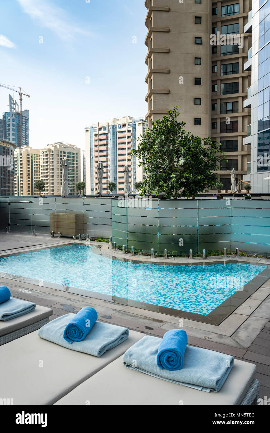 The pool area of the TRYP by Wyndam Hotel in Barsha Heights, Dubai, UAE, Middle East. Stock Photo