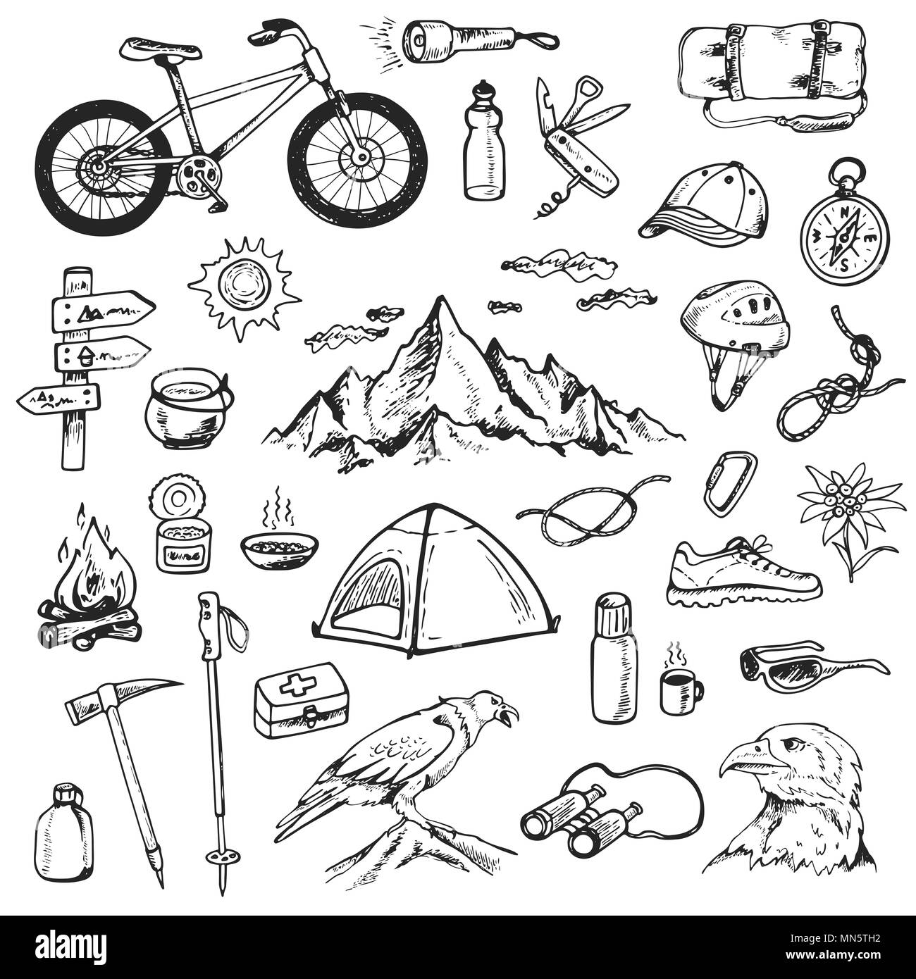 Set of doodle mountain camping design elements. Hand drawn  illustrations isolated on a white background. Stock Photo