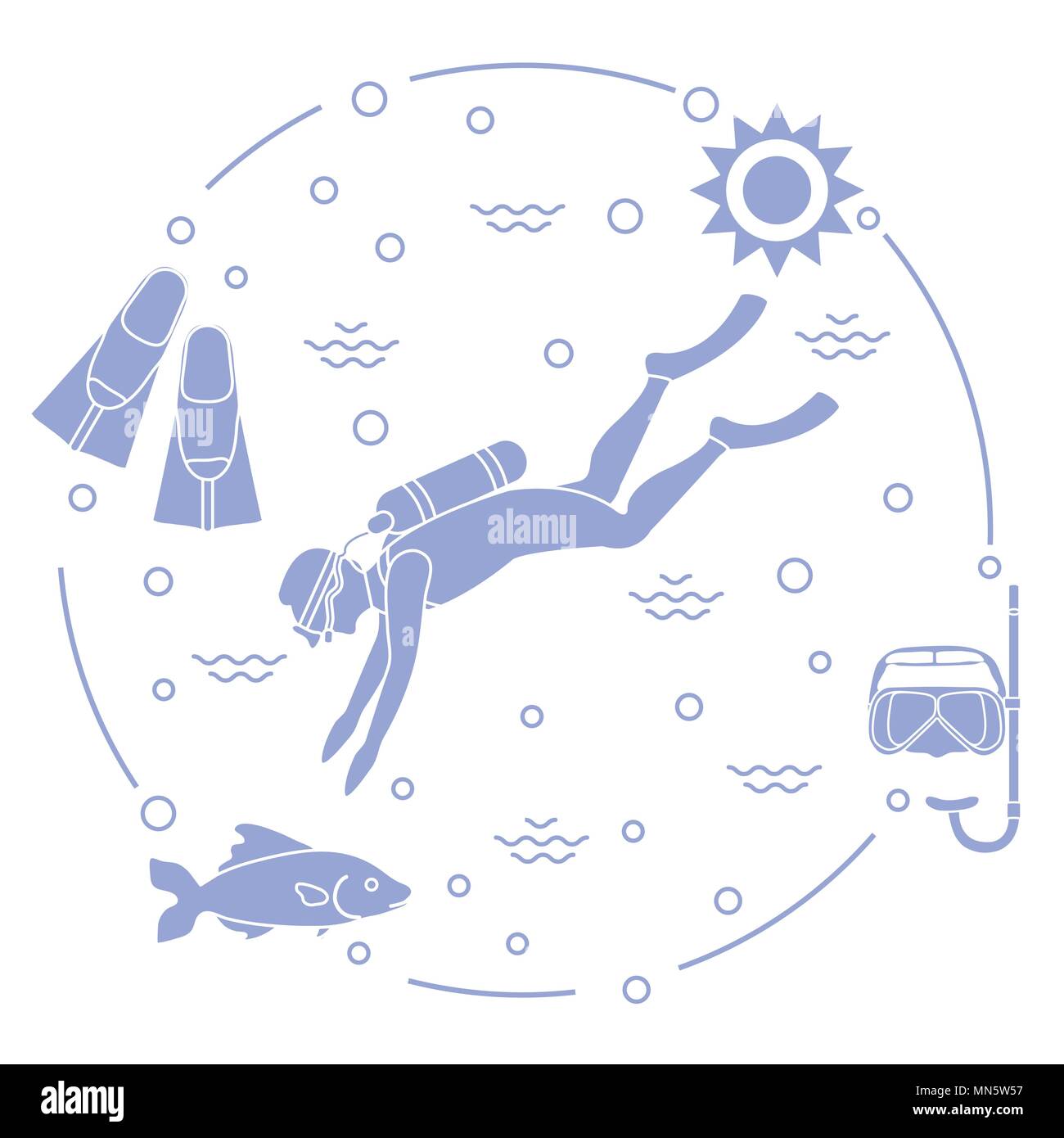 Mask, snorkel, flippers, sun, fish, scuba diver. Sports and recreation ...