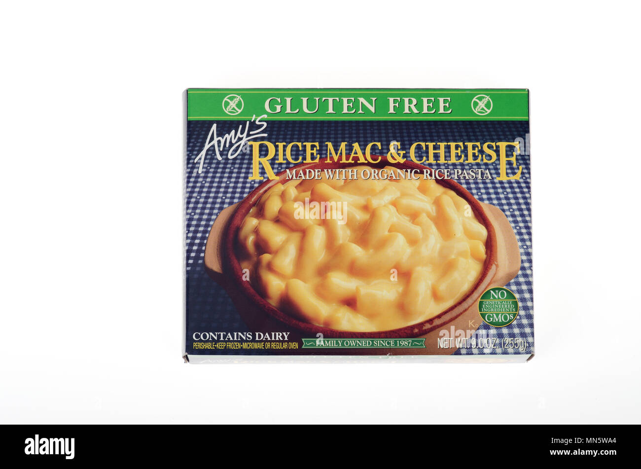Box of Amy’s Gluten Free Rice Pasta Mac and Cheese Frozen readymeal Stock Photo