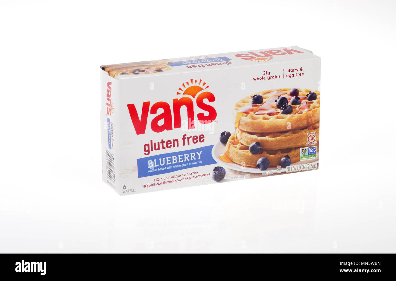 Box of Vans Frozen Gluten Free Blueberry Waffles Stock Photo
