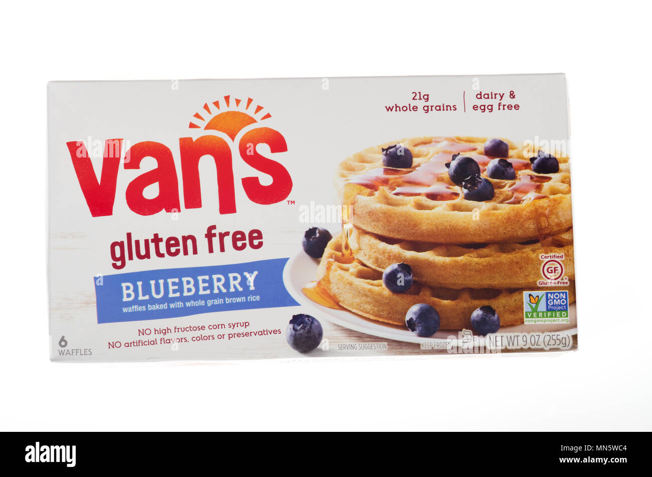 Box of Vans Frozen Gluten Free Blueberry Waffles Stock Photo